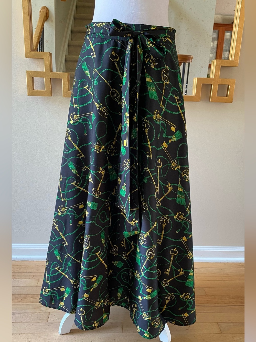 Flint & Moss Black Green Gold Key Tassel Print Maxi Skirt belted sash Petite Med